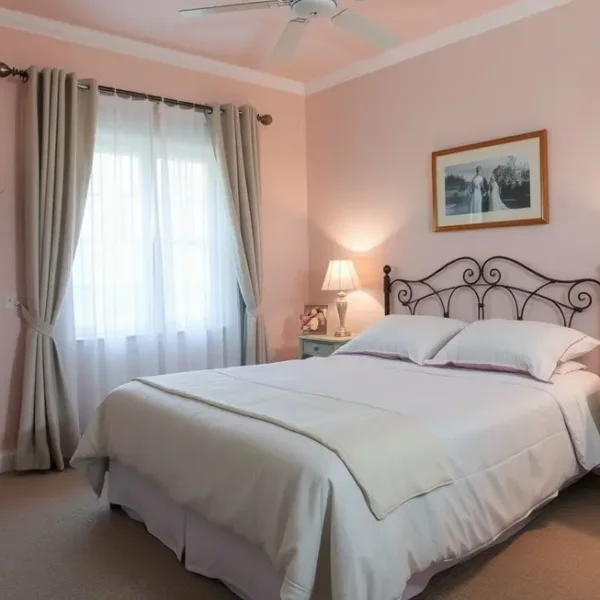 Ambiente de quarto ideal para promover um sono reparador com elementos tranquilos.