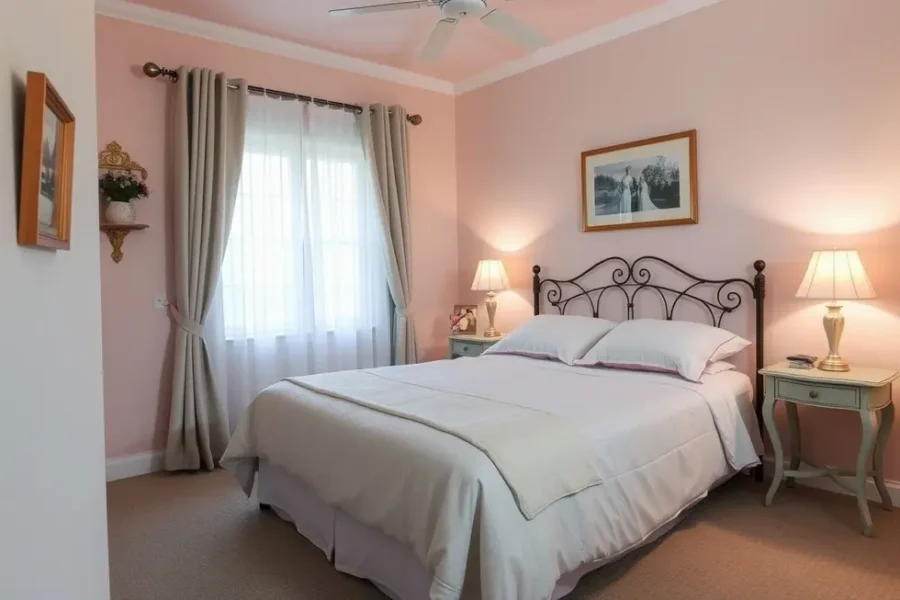 Ambiente de quarto ideal para promover um sono reparador com elementos tranquilos.