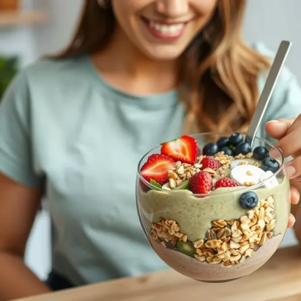 Uma tigela de smoothie colorida com frutas frescas.