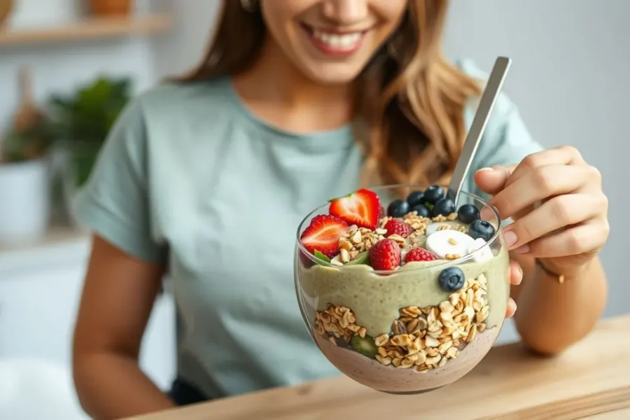 Uma tigela de smoothie colorida com frutas frescas.