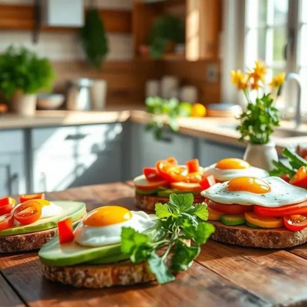 Cozinha iluminada com diferentes tipos de torradas saudáveis e ingredientes frescos.