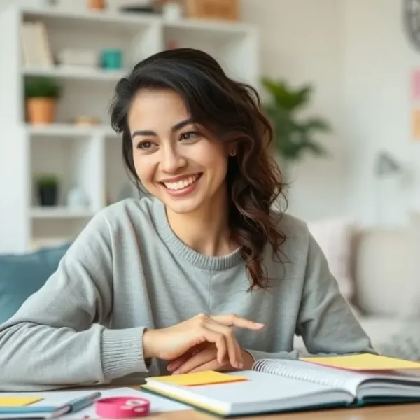 Mulher refletindo sobre como aumentar sua renda extra rodeada de materiais de planejamento.
