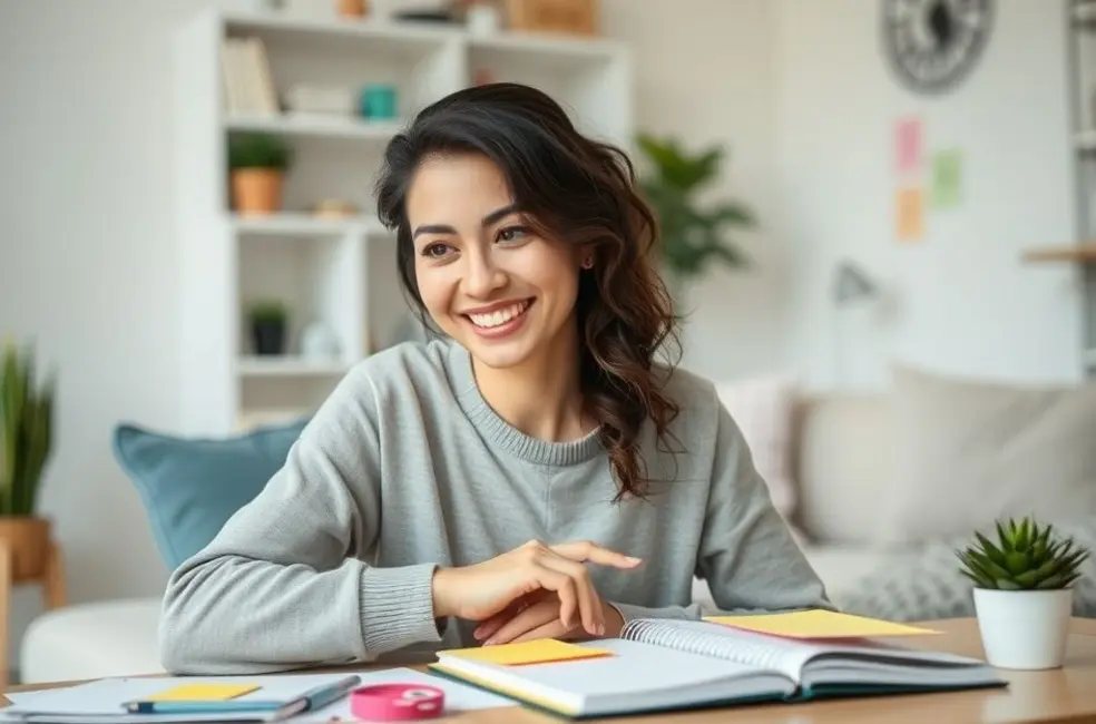 7 Maneiras Práticas de Aumentar Sua Renda Extra em 2023 8 Mulher refletindo sobre como aumentar sua renda extra rodeada de materiais de planejamento.