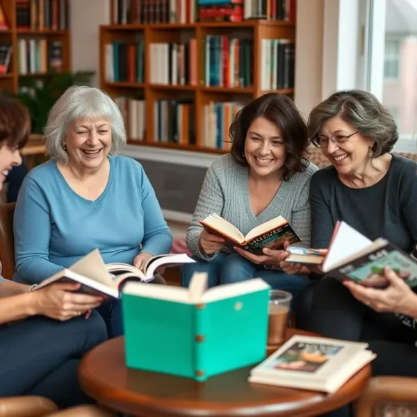 Grupo de mulheres alegres em um encontro de clube do livro.
