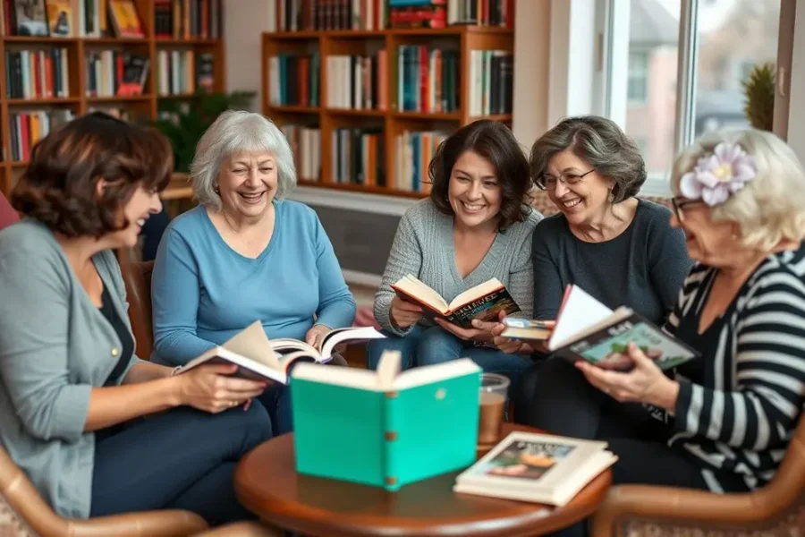 Grupo de mulheres alegres em um encontro de clube do livro.
