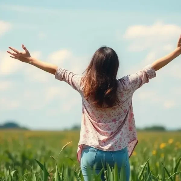 Mulher em um campo aberto, simbolizando a libertação da culpa e o desejo de equilíbrio.