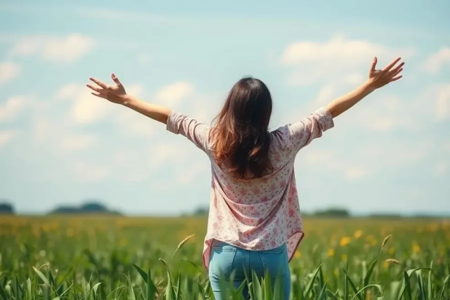 Mulher em um campo aberto, simbolizando a libertação da culpa e o desejo de equilíbrio.