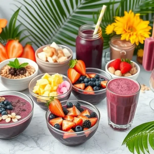 Diversos pratos deliciosos de açaí prontos para o verão.