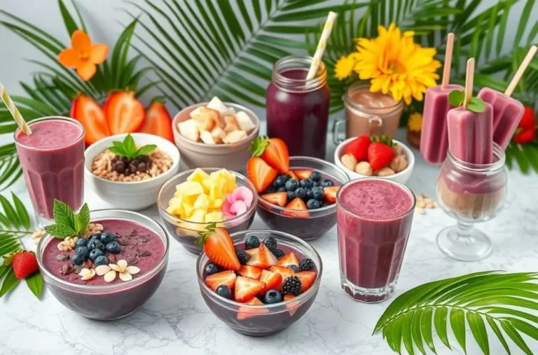 Diversos pratos deliciosos de açaí prontos para o verão.