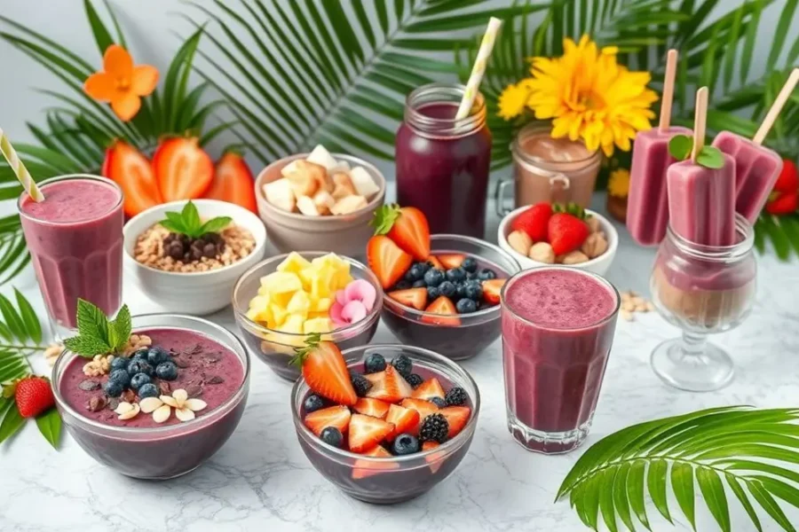 Diversos pratos deliciosos de açaí prontos para o verão.