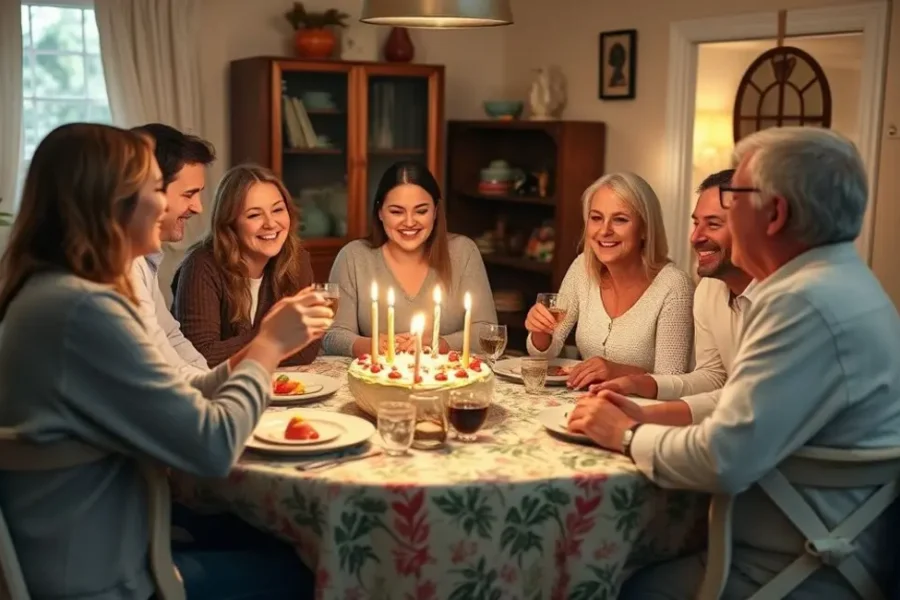 Grupo de amigas celebrando um aniversário em casa.