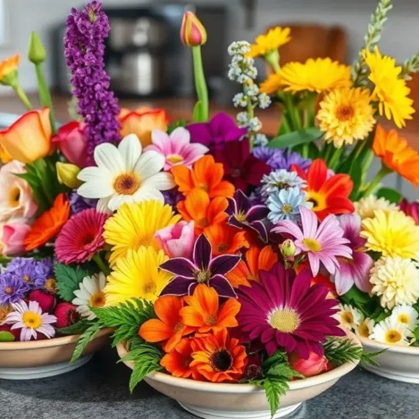 Arranjos de flores comestíveis em pratos de comida