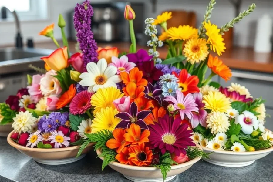 Arranjos de flores comestíveis em pratos de comida