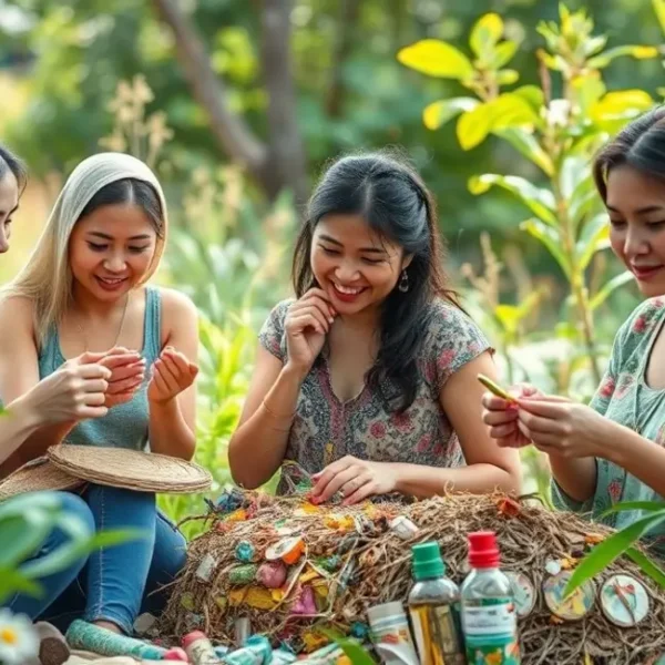Mulheres engajadas em atividades de artesanato sustentável com materiais reciclados.