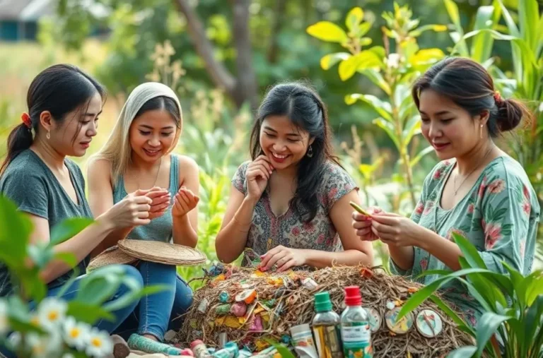 Mulheres engajadas em atividades de artesanato sustentável com materiais reciclados.