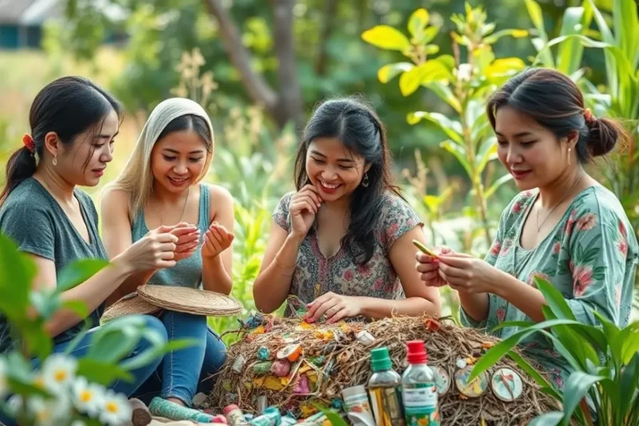 Mulheres engajadas em atividades de artesanato sustentável com materiais reciclados.