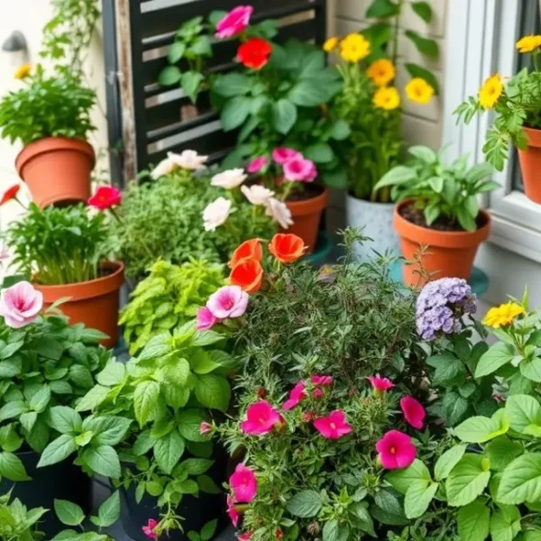 Varanda com várias ervas em vasos, representando a jardinagem urbana.