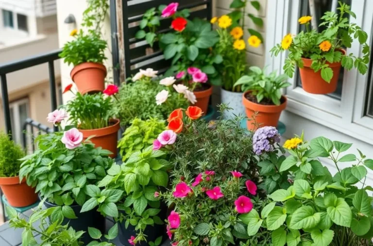 Varanda com várias ervas em vasos, representando a jardinagem urbana.