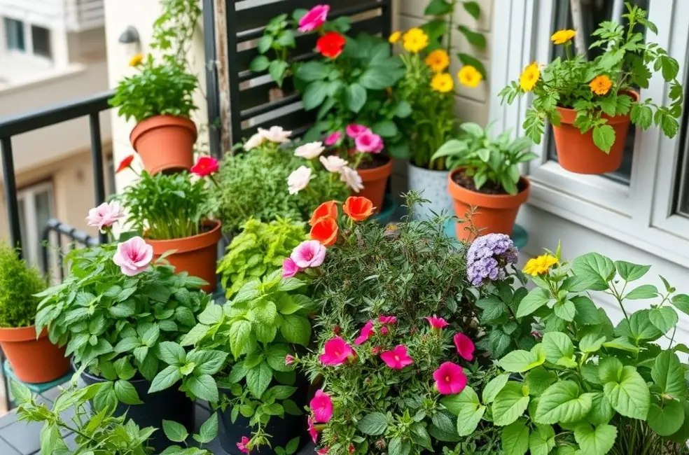 Transforme Seu Paladar: 7 Temperos que Você Pode Cultivar em Casa 8 Varanda com várias ervas em vasos, representando a jardinagem urbana.