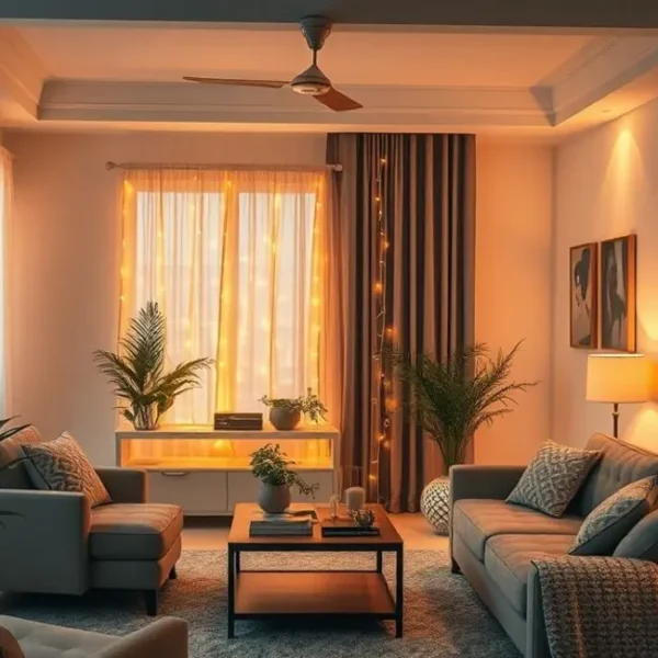 Espaço de vida decorado com iluminação LED acolhedora e estilosa.