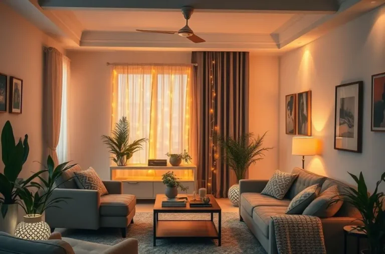 Espaço de vida decorado com iluminação LED acolhedora e estilosa.