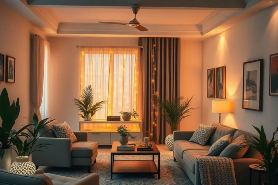 Espaço de vida decorado com iluminação LED acolhedora e estilosa.