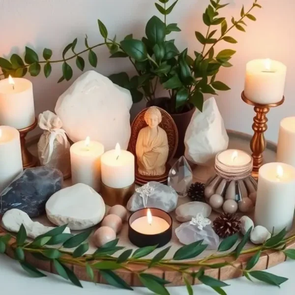 Altar pessoal com elementos que evocam bem-estar e conexão espiritual.