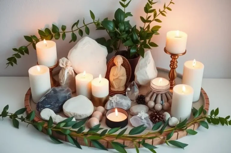 Altar pessoal com elementos que evocam bem-estar e conexão espiritual.