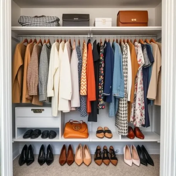 Guarda-roupa organizado com roupas e acessórios estilosos, apresentando um layout limpo e convidativo.