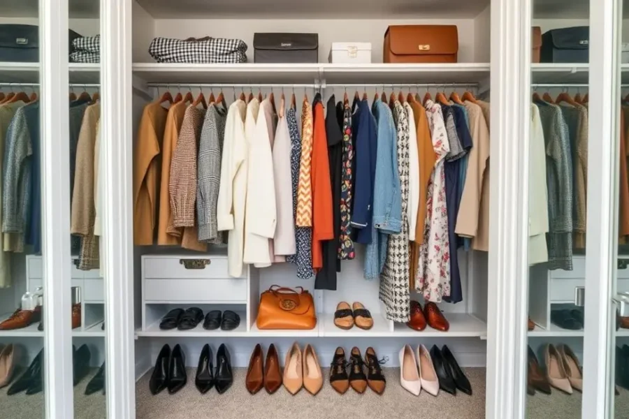 Guarda-roupa organizado com roupas e acessórios estilosos, apresentando um layout limpo e convidativo.