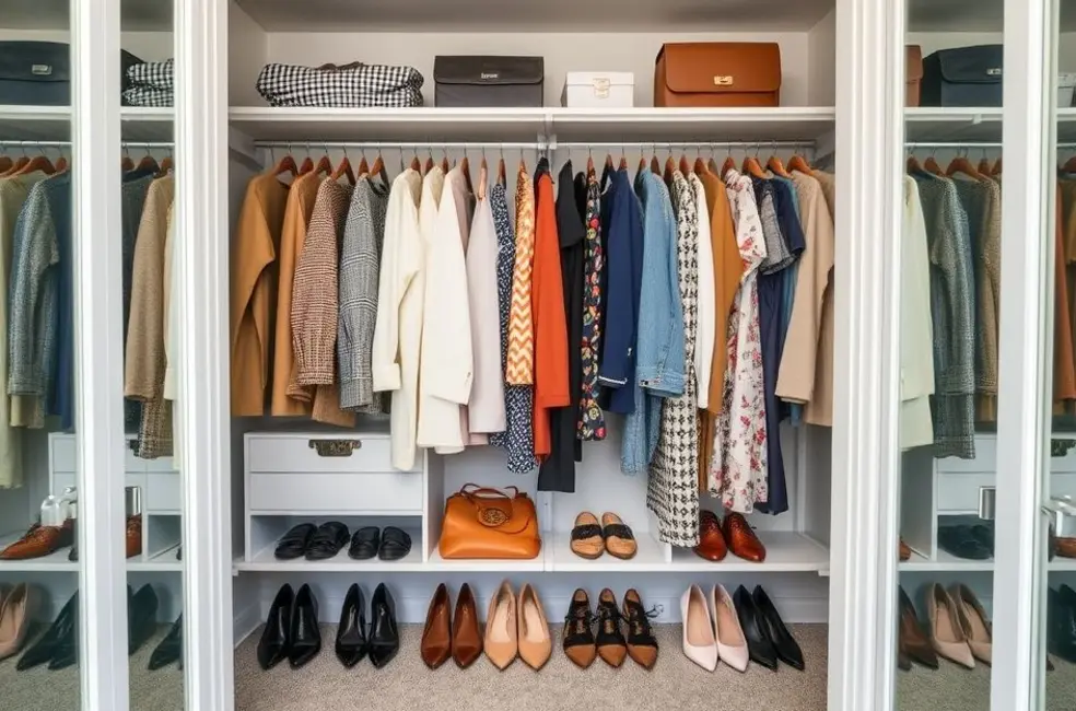 7 Dicas Práticas para Organizar Seu Guarda-Roupa e Transformar Seu Dia a Dia 8 Guarda-roupa organizado com roupas e acessórios estilosos, apresentando um layout limpo e convidativo.