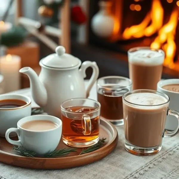 Uma mesa aconchegante com bebidas quentes, decorada com temas de inverno.