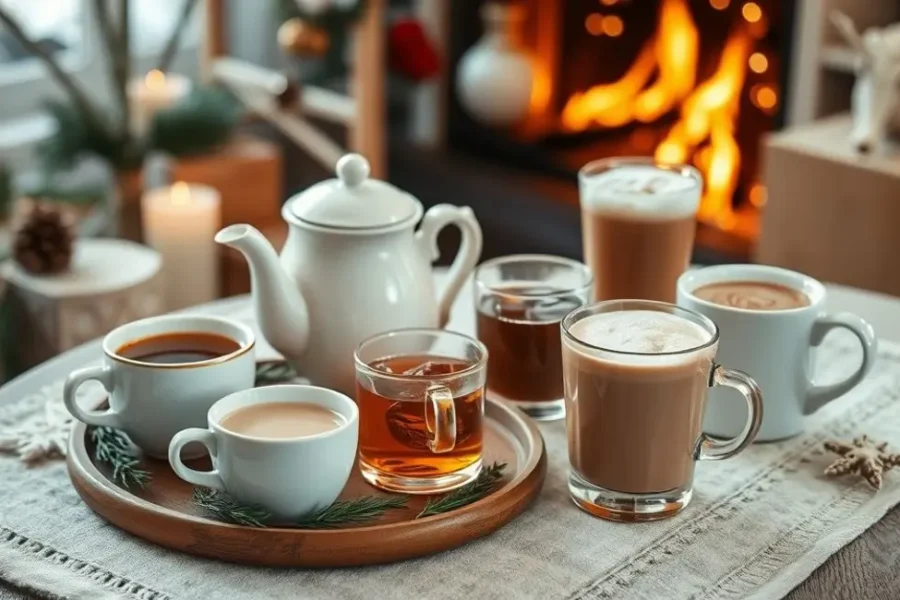 Uma mesa aconchegante com bebidas quentes, decorada com temas de inverno.