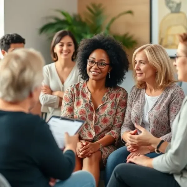Grupo de mulheres discutindo gerenciamento de tempo e autocuidado.