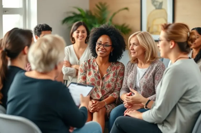 Grupo de mulheres discutindo gerenciamento de tempo e autocuidado.