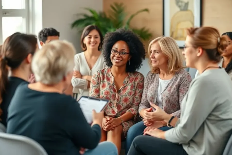 Grupo de mulheres discutindo gerenciamento de tempo e autocuidado.
