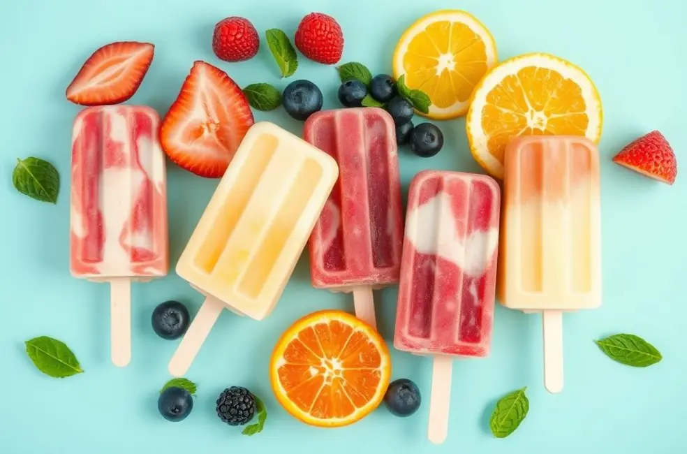 7 Picolés Naturais Irresistíveis para um Verão Saudável e Refrescante 8 Vários picolés naturais exibidos de forma atrativa.
