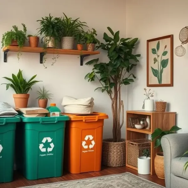 Espaço acolhedor com áreas organizadas para reciclagem e sustentabilidade.