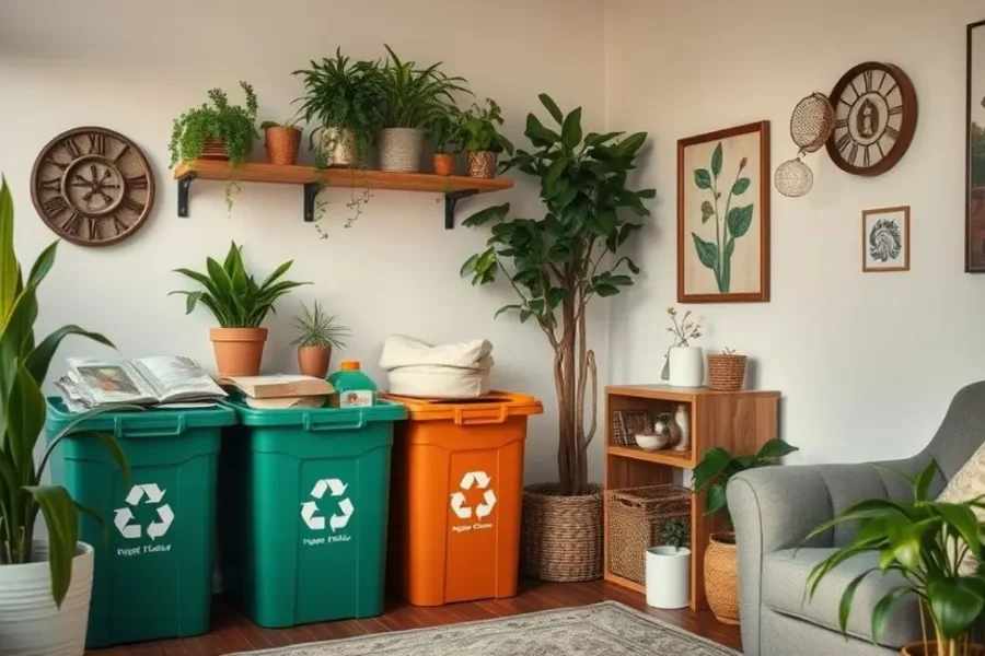 Espaço acolhedor com áreas organizadas para reciclagem e sustentabilidade.