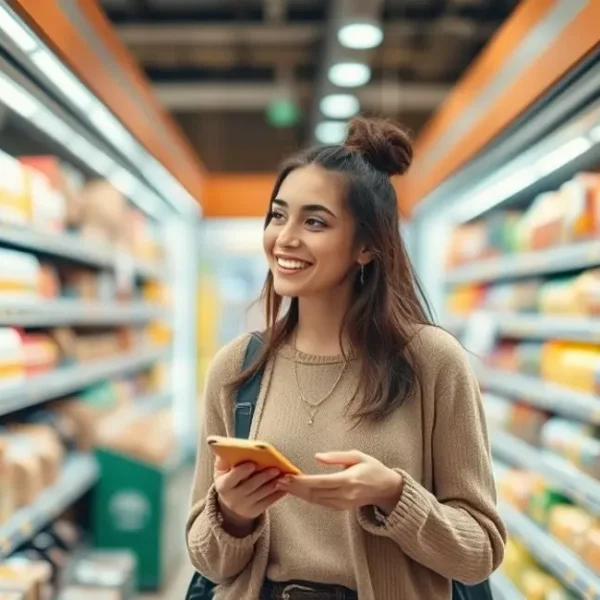Uma mulher comparando preços enquanto faz compras em um supermercado.