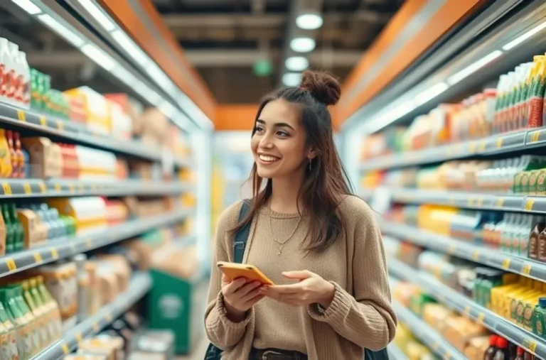 Uma mulher comparando preços enquanto faz compras em um supermercado.