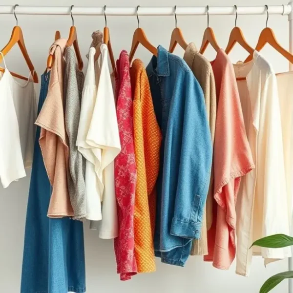 Coleção de roupas de brechó organizadas de forma estilosa.