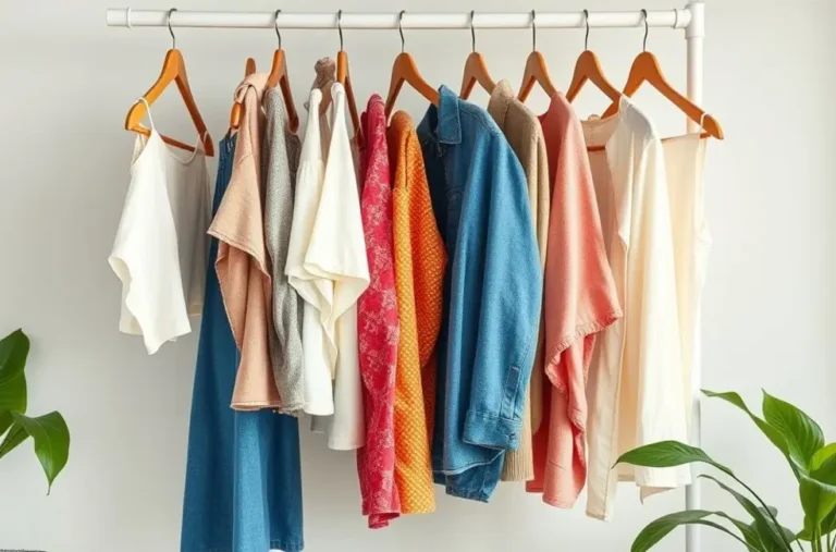 Coleção de roupas de brechó organizadas de forma estilosa.