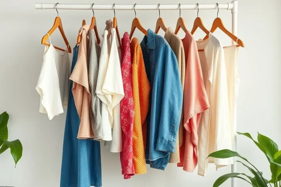 Coleção de roupas de brechó organizadas de forma estilosa.