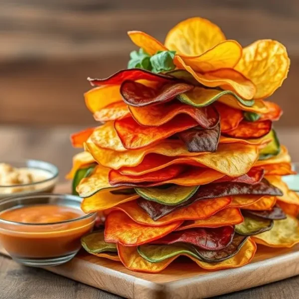 Exibição vibrante de chips de vegetais.