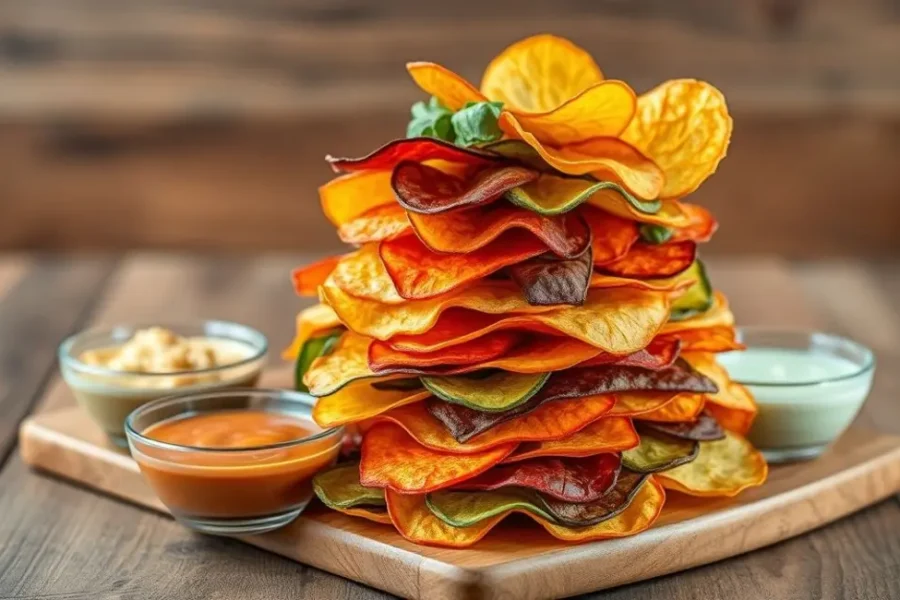 Exibição vibrante de chips de vegetais.