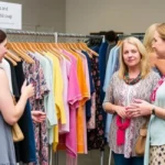 Exibição de troca de roupas sustentável, colorida e cheia de vida, com mulheres conversando animadamente.