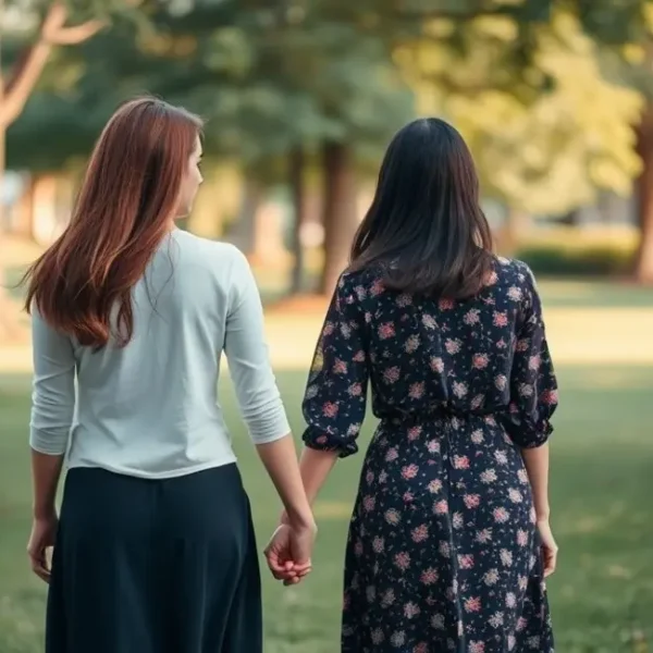 Duas mulheres caminhando de mãos dadas em um parque, simbolizando a confiança em um novo relacionamento.
