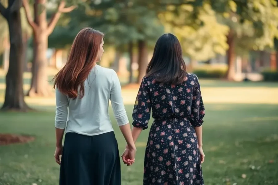 Duas mulheres caminhando de mãos dadas em um parque, simbolizando a confiança em um novo relacionamento.