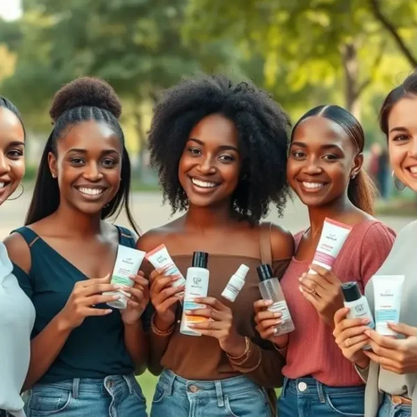 Grupo diversificado de mulheres com pele radiante em um parque urbano.